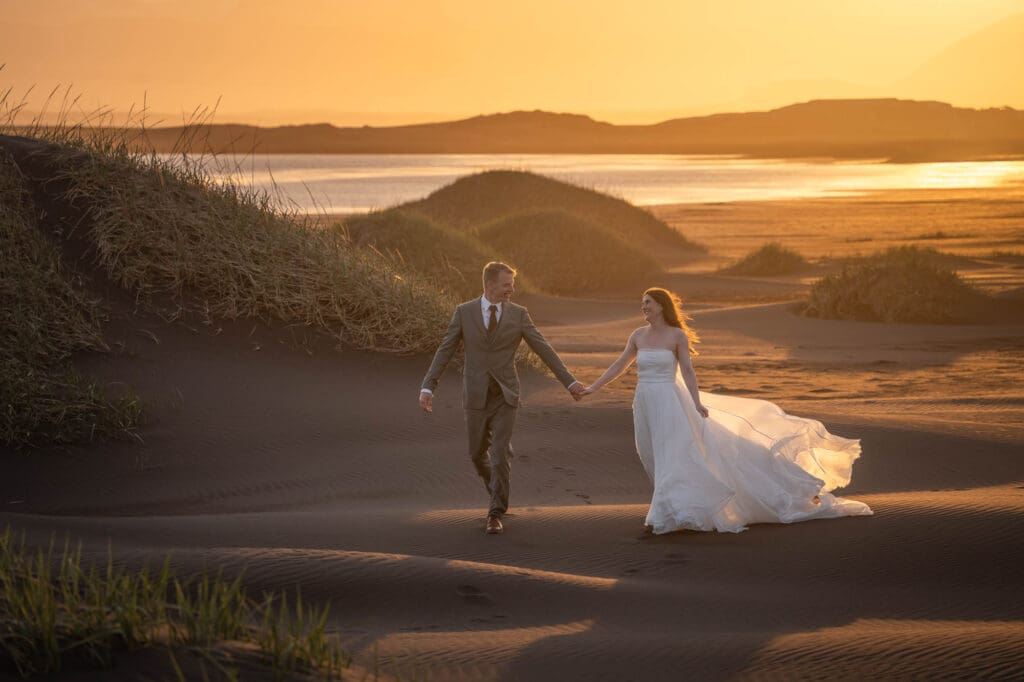 Sunset elopement with golden light at Vestrahorn in Iceland